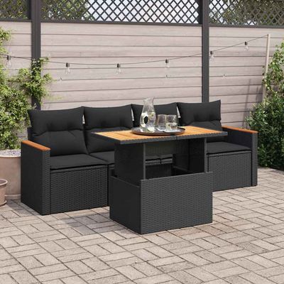 Set Divani da Giardino 5 pz con Cuscini Nero Polyrattan Acacia vidaXL
