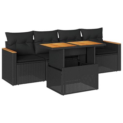 Set Divani da Giardino 5 pz con Cuscini Nero Polyrattan Acacia vidaXL