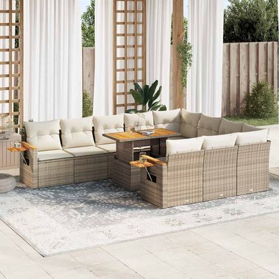 Set Divani da Giardino 11pz con Cuscini Beige Acacia Polyrattan vidaXL