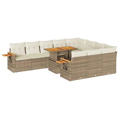 Set Divani da Giardino 11pz con Cuscini Beige Acacia Polyrattan vidaXL