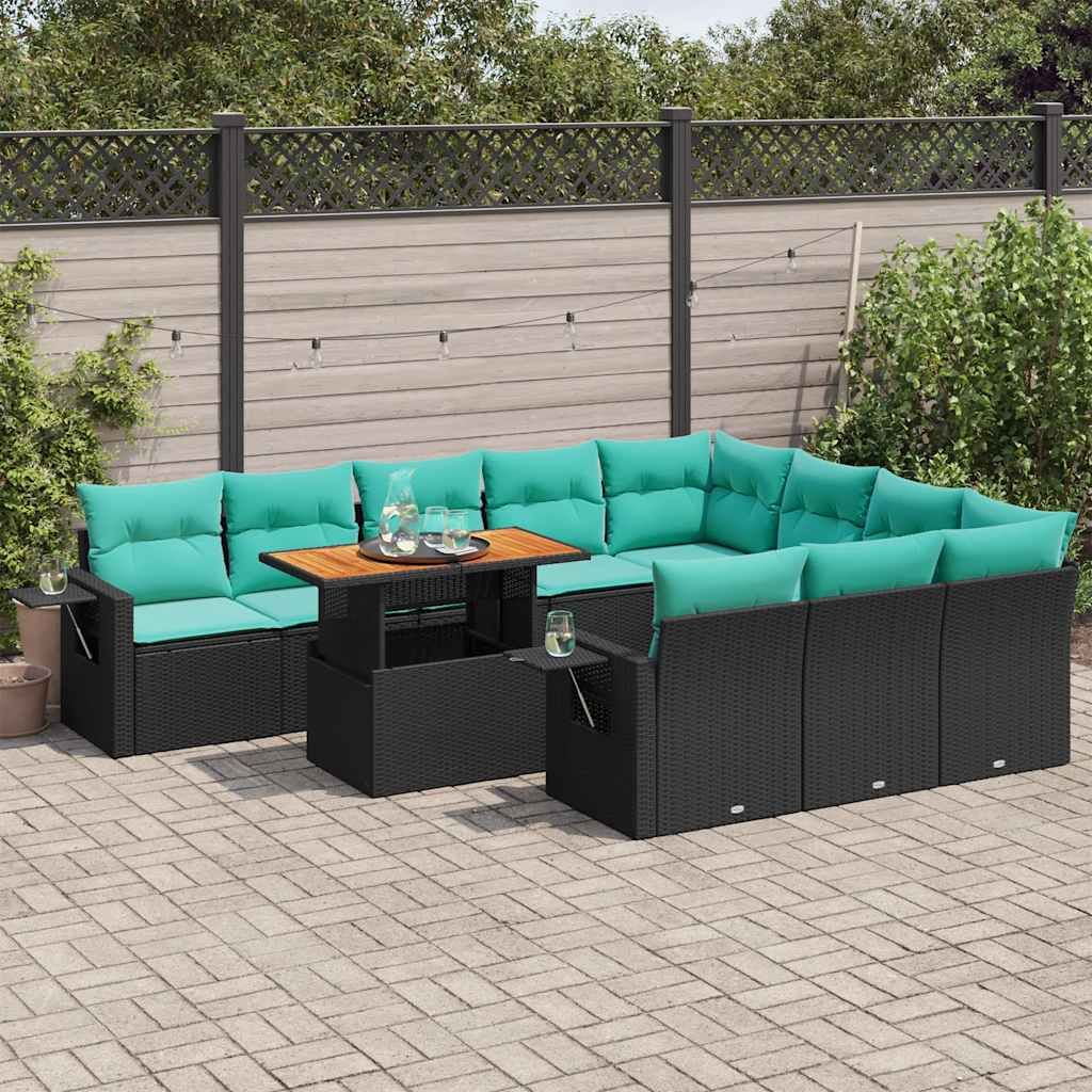 Set Divani da Giardino 11 pz con Cuscini in Polyrattan Nero vidaXL
