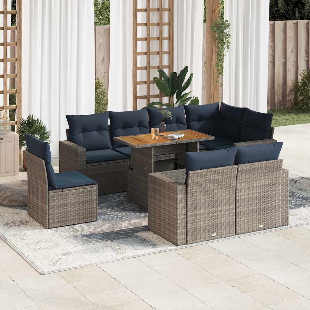 Set Divano da Giardino 9 pz con Cuscini Grigio in Polyrattan vidaXL