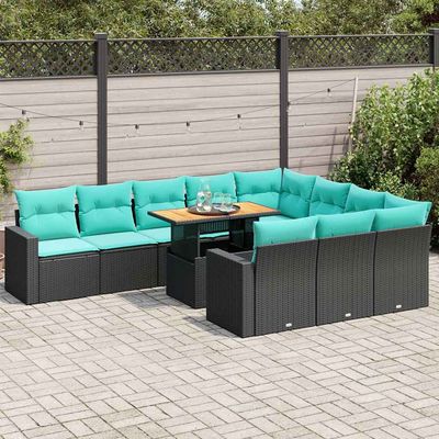 Set Divani da Giardino 11 pz con Cuscini in Polyrattan Nero vidaXL