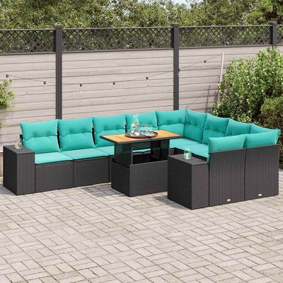 Set Divani da Giardino 10pz con Cuscini in Polyrattan Nero vidaXL
