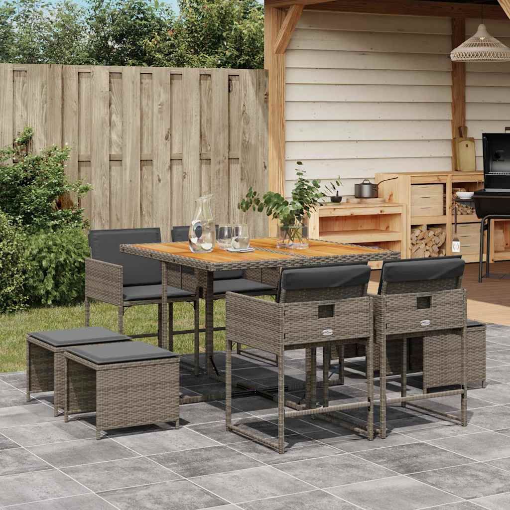 Set da Pranzo da Giardino 9 pz con Cuscini in Polyrattan Grigio vidaXL