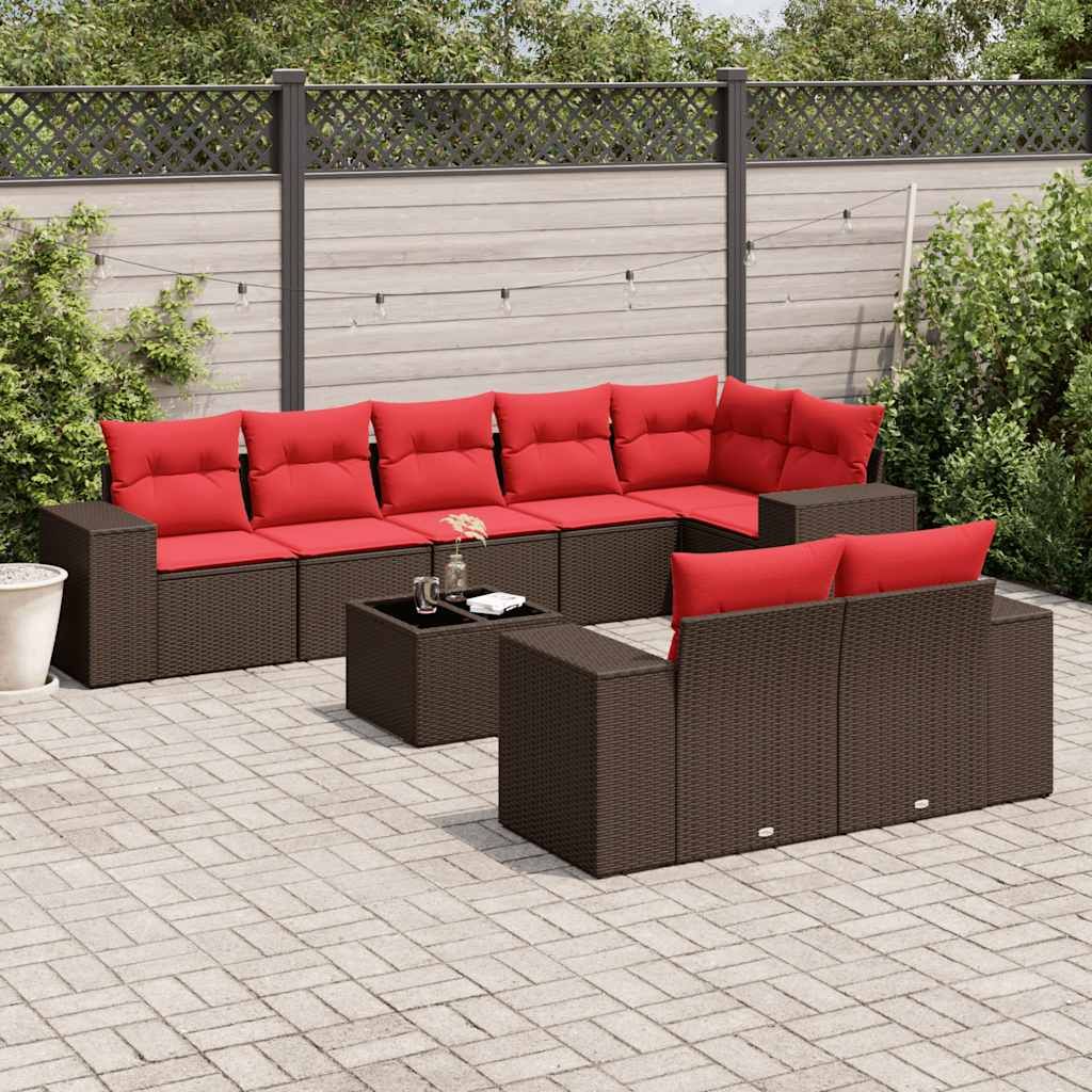 Set Divani da Giardino 9 pz con Cuscini Marrone in Polyrattan vidaXL