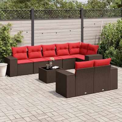 Set Divani da Giardino 9 pz con Cuscini Marrone in Polyrattan vidaXL