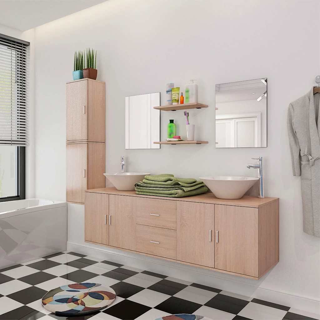 Set Mobili da Bagno 11 pz con Lavabo e Rubinetto Beige vidaXL