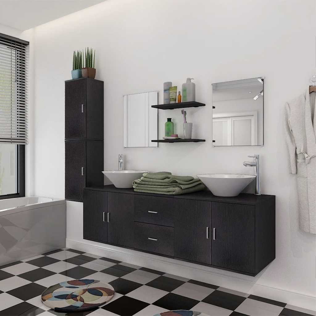 Set Mobili da Bagno 11 pz con Lavabo e Rubinetto Nero vidaXL