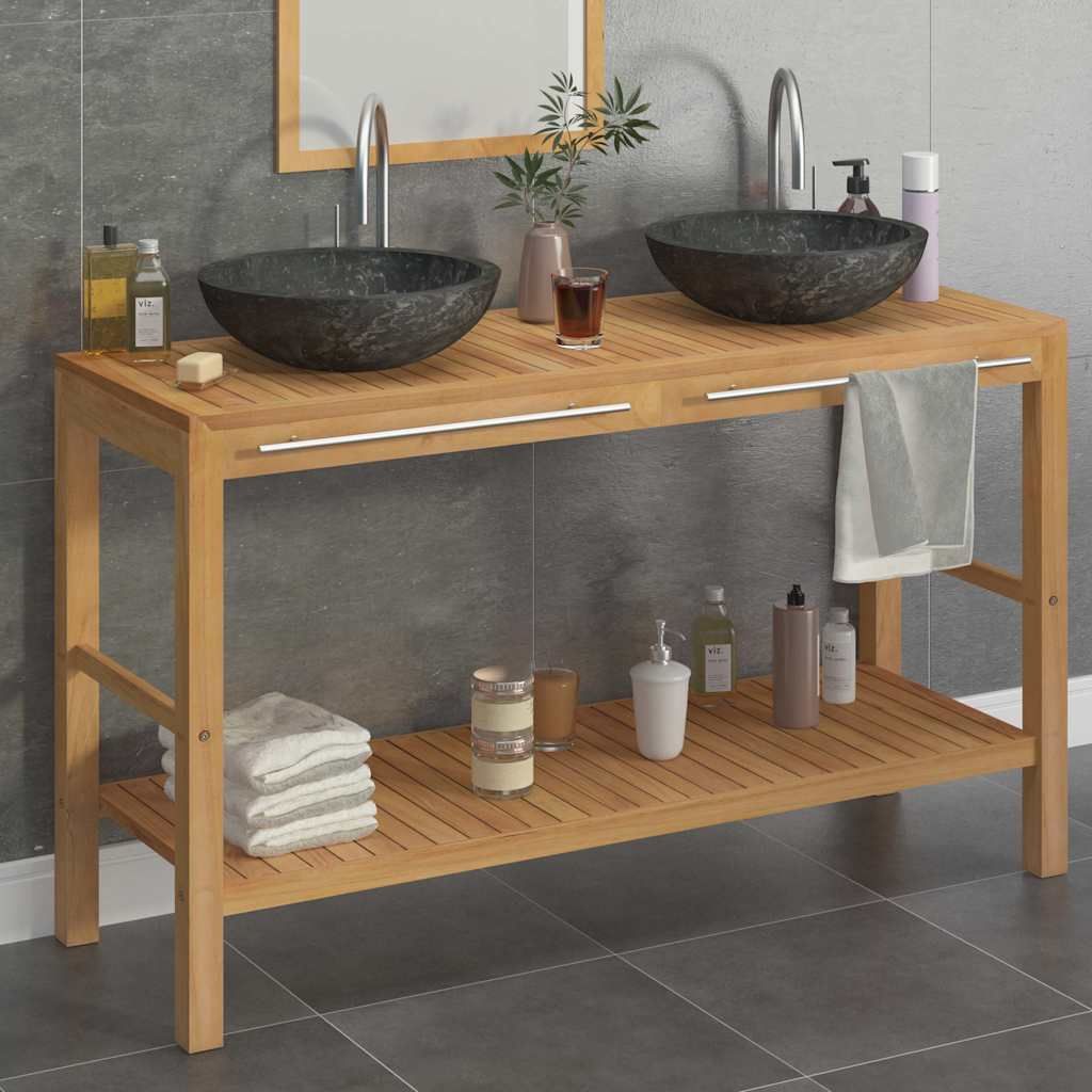 Armadietto da Bagno in Legno di Teak con Lavabi in Marmo Nero vidaXL