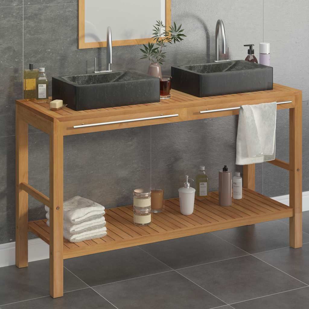 Armadietto da Bagno in Legno di Teak con Lavabi in Marmo Nero vidaXL