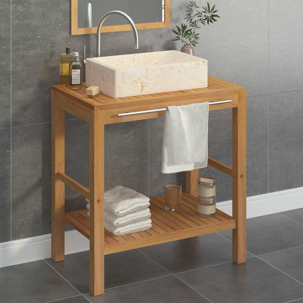Armadietto da Bagno in Legno di Teak con Lavabo in Marmo Crema vidaXL