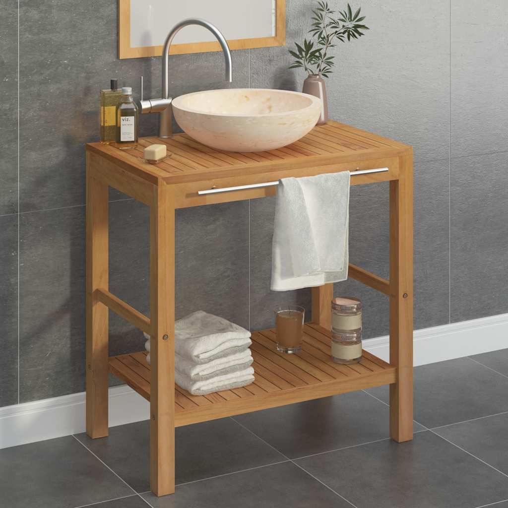 Armadietto da Bagno in Legno di Teak con Lavabo in Marmo Crema vidaXL