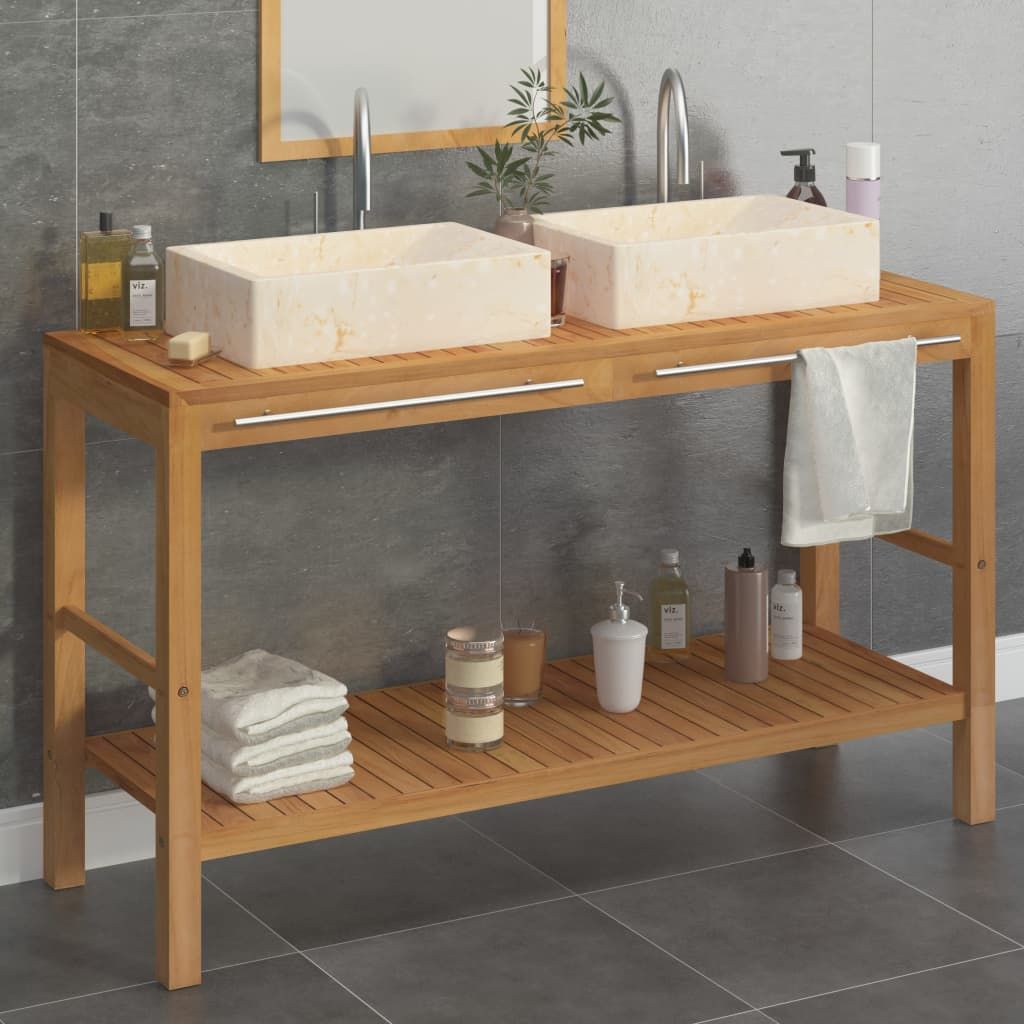 Armadietto da Bagno in Legno di Teak con Lavabi in Marmo Crema vidaXL