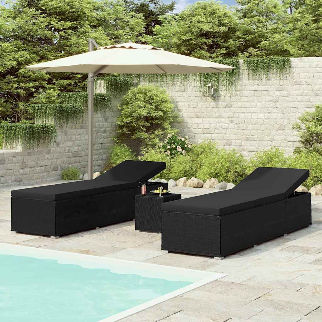 Lettini Prendisole con Tavolino 3 pz in Polyrattan Nero vidaXL