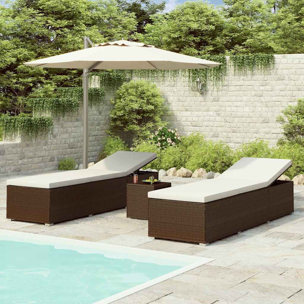 Lettini Prendisole con Tavolino 3 pz in Polyrattan Marrone vidaXL