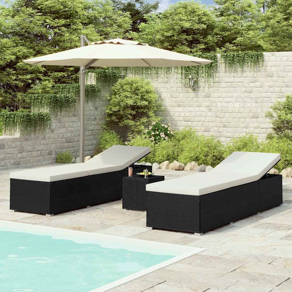 Lettini Prendisole con Tavolino 3 pz in Polyrattan Nero vidaXL