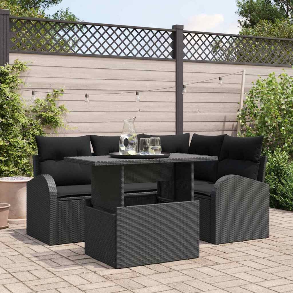 Set Divano da Giardino con cuscino 5 pcs Nero Poly Rattan vidaXL