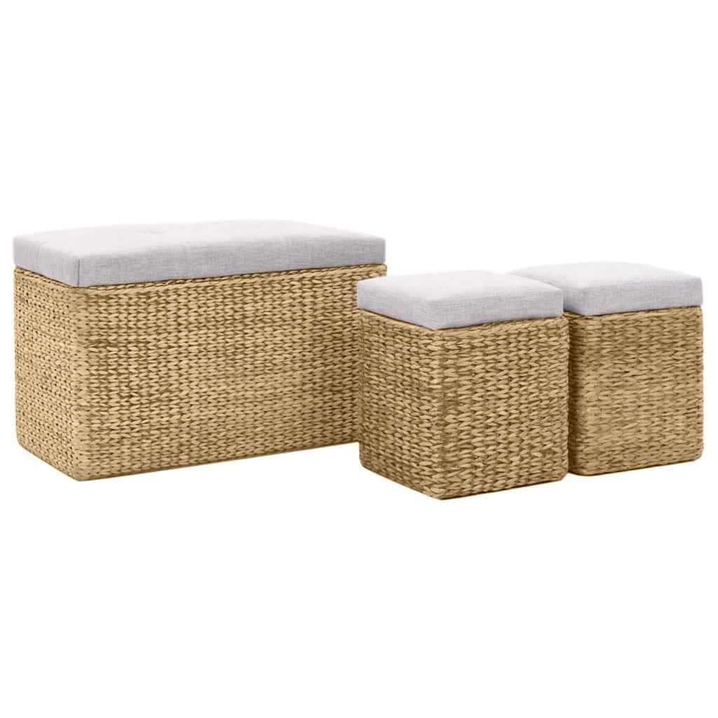 Panca e 2 Pouf in Giunco Grigio vidaXL