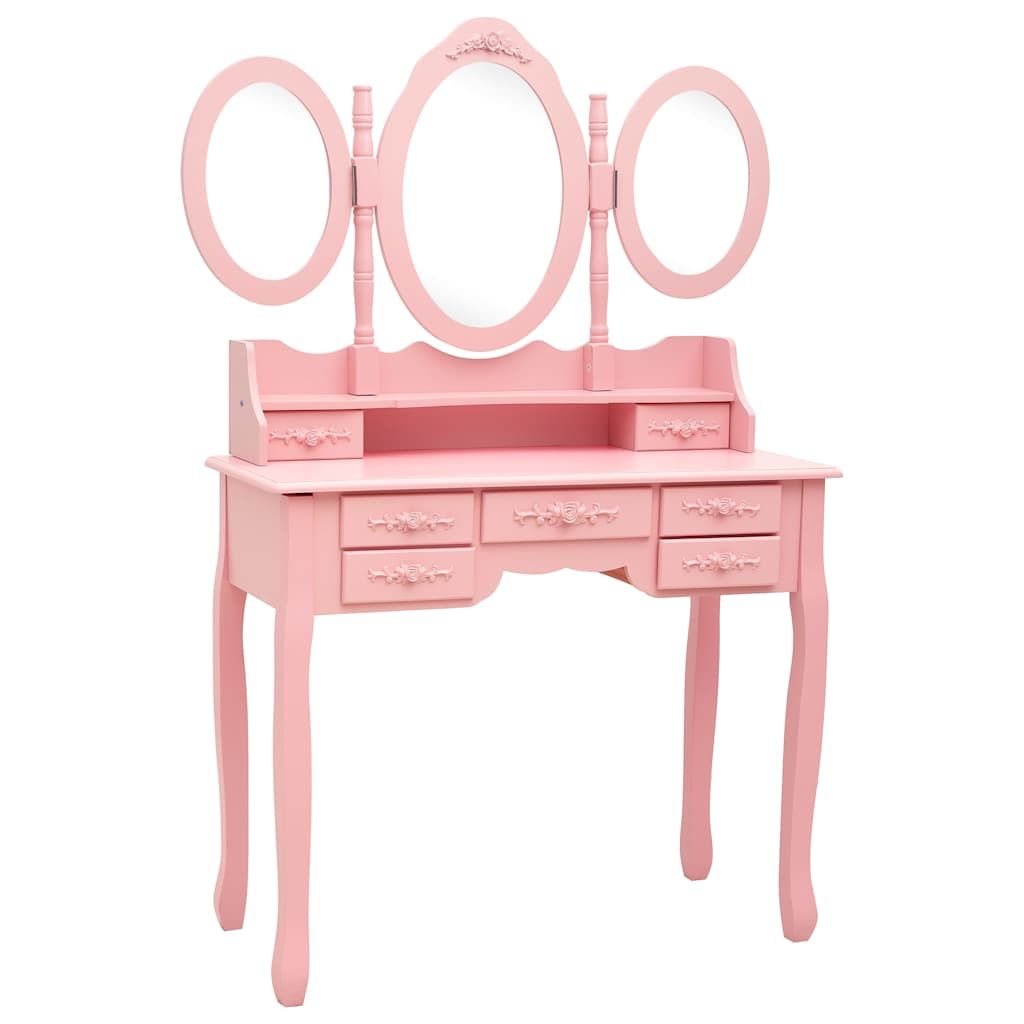 Tavolo da Trucco con Sgabello e Specchio Pieghevole in 3 Rosa vidaXL