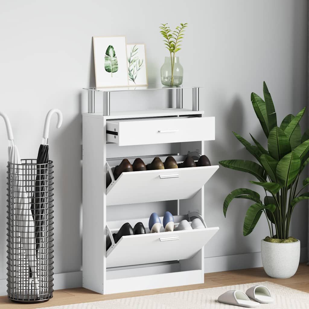 Scarpiera con Cassetto e Mensola Vetro Sopra in Legno Bianco vidaXL