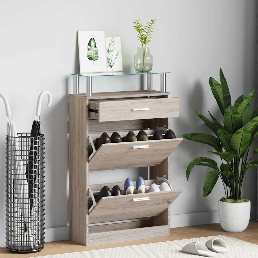 Scarpiera con 1 Cassetto e Mensola Vetro Sopra in Legno Rovere vidaXL