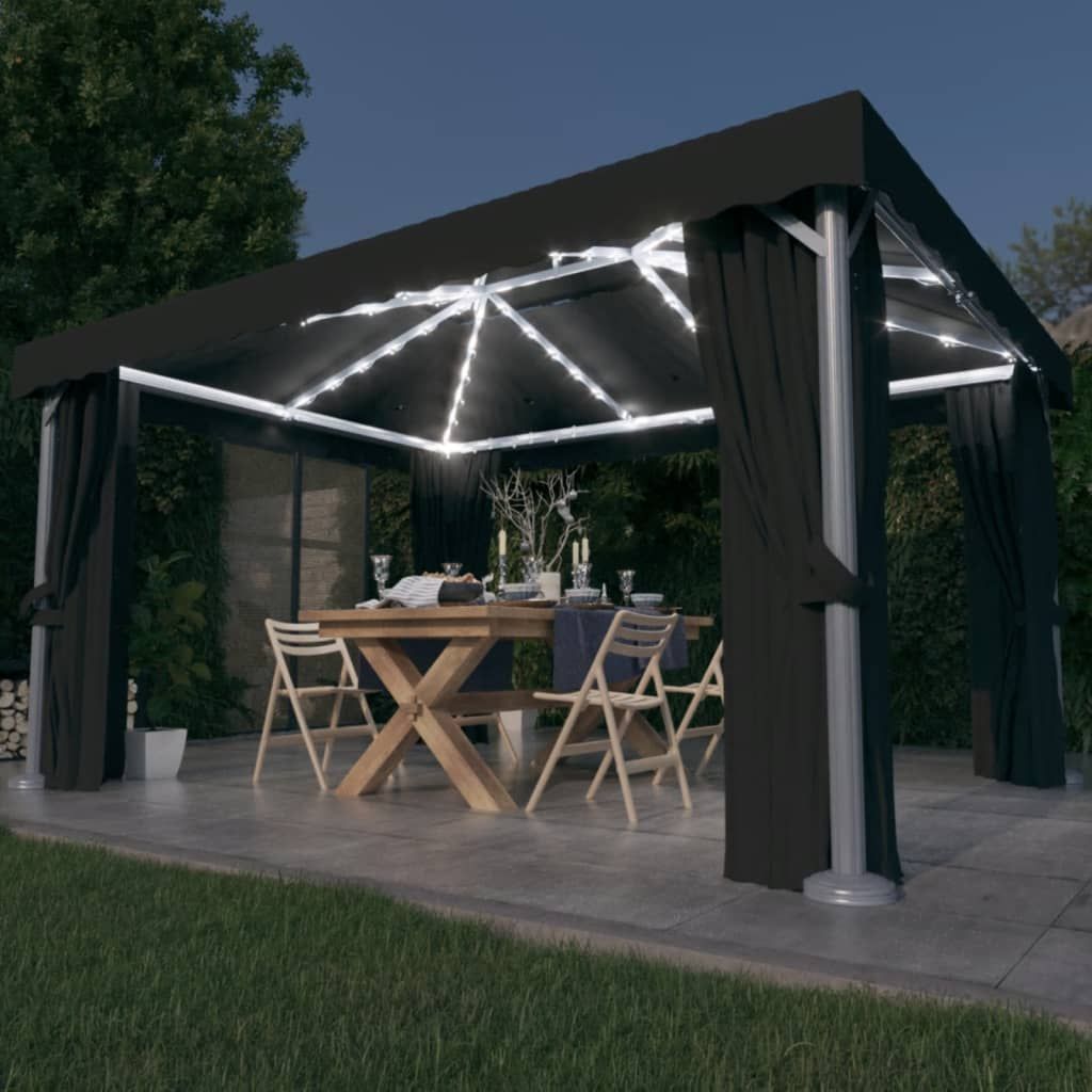 Gazebo con Tende e Stringa di Luci LED 4x3 m Antracite vidaXL