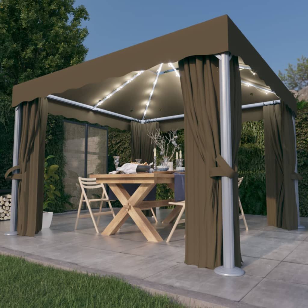 Gazebo con Tende e Stringa di Luci LED 3x3 m Grigio Talpa vidaXL