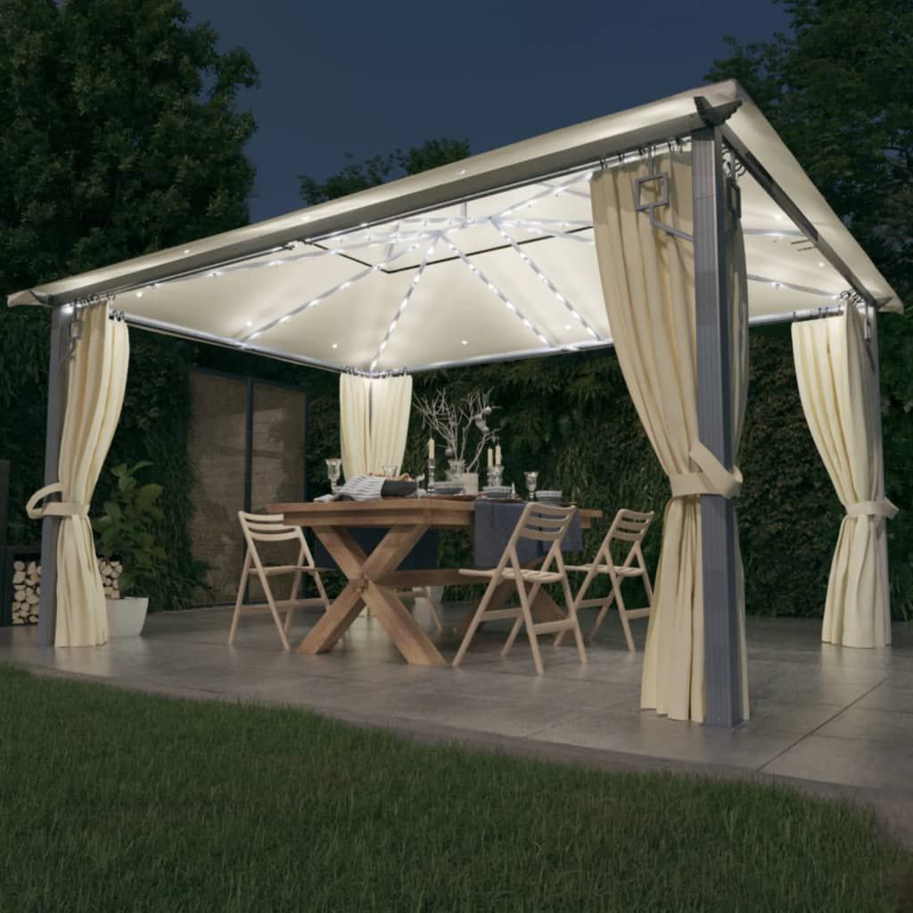 Gazebo con Tende Stringa di Luci LED 400x300 cm Crema Alluminio vidaXL