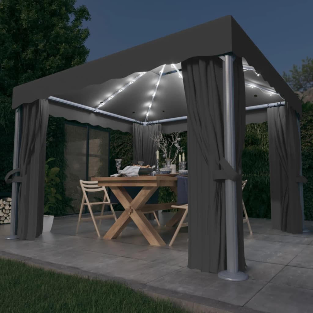 Gazebo con Tende e Stringa di Luci LED 3x3 m Antracite vidaXL