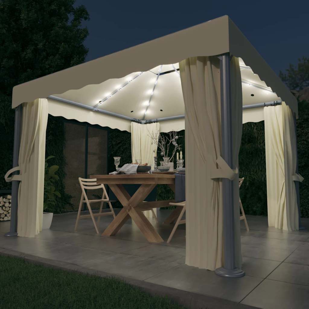 Gazebo con Tende e Stringa di Luci LED 3x3 m Bianco Crema vidaXL