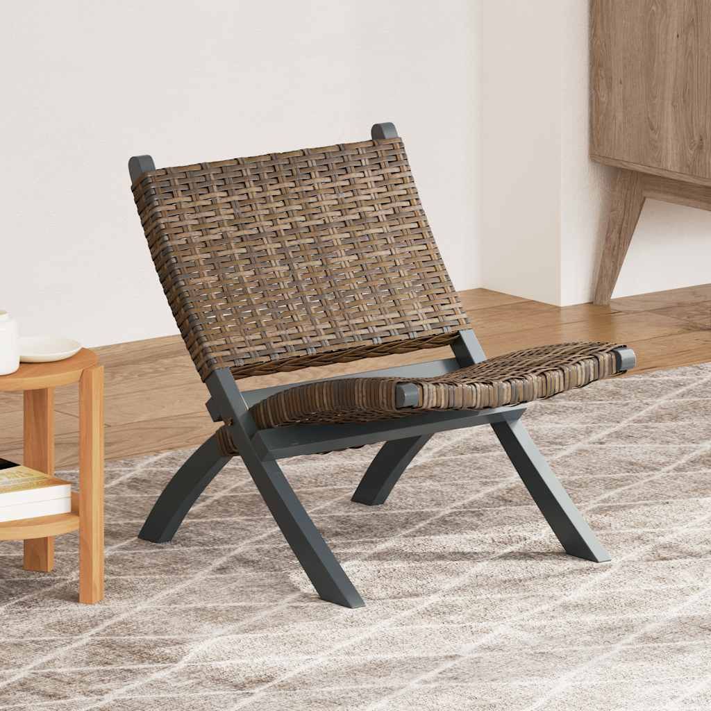 Sedia Relax Grigia in Rattan Kubu Naturale e Mogano Massello vidaXL