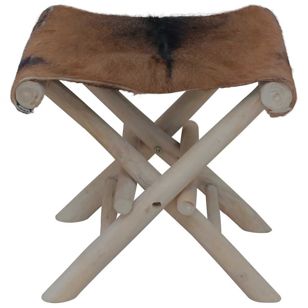 Sgabello Pieghevole in Pelle di Capra e Legno di Teak vidaXL
