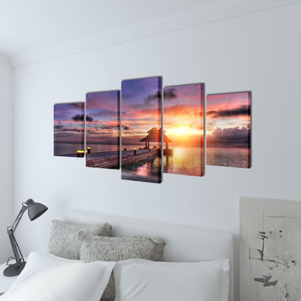 5 pz Set Stampa su Tela da Muro Spiaggia con Padiglione 200 x 100 cm vidaXL