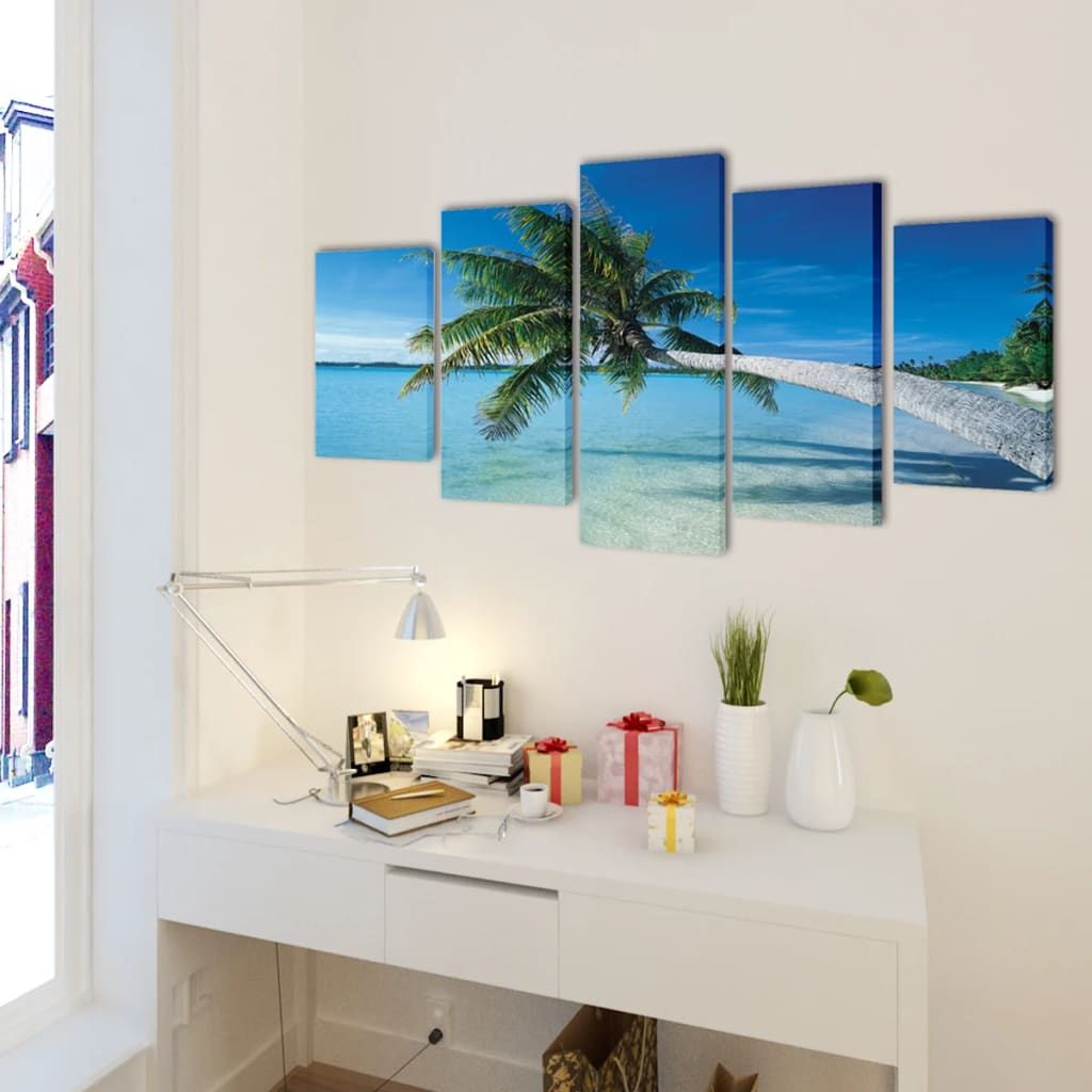 5 pz Set Stampa su Tela da Muro Spiaggia con Palma 200 x 100 cm vidaXL