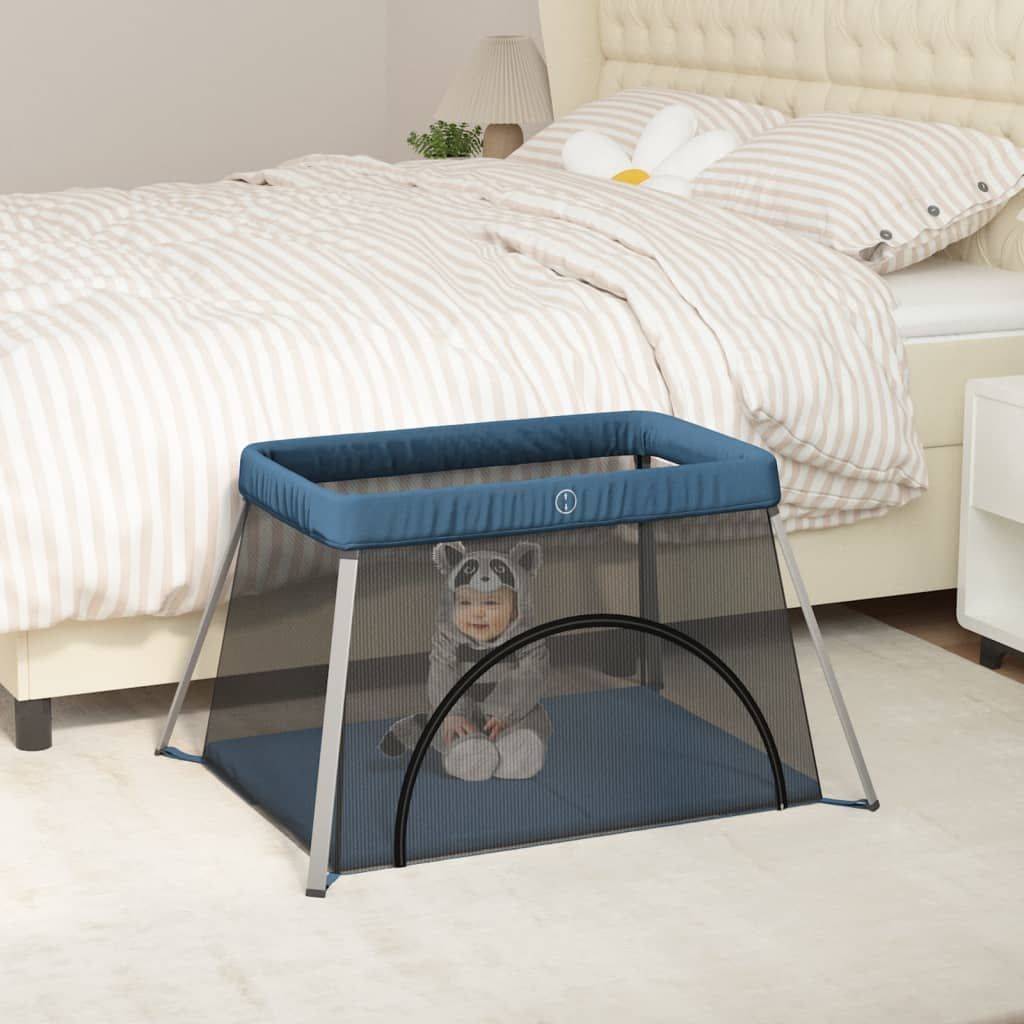 Box per Bambini con Materasso Blu Marino Tessuto di Lino vidaXL