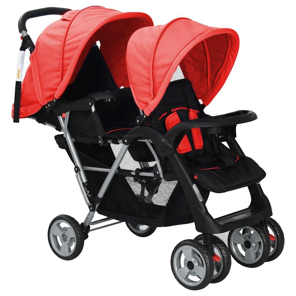 Passeggino Gemellare a Tandem in Acciaio Rosso e Nero vidaXL