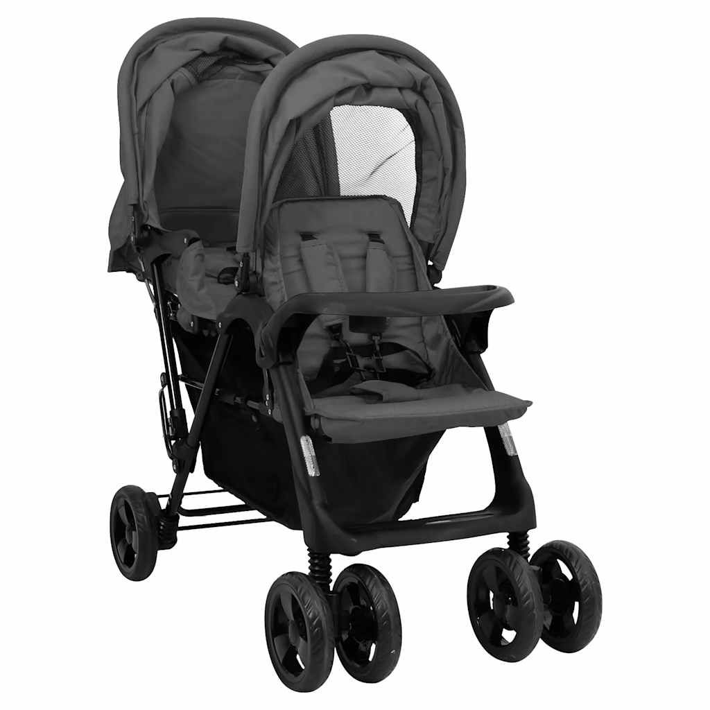 Passeggino Gemellare a Tandem Grigio Scuro in Acciaio vidaXL
