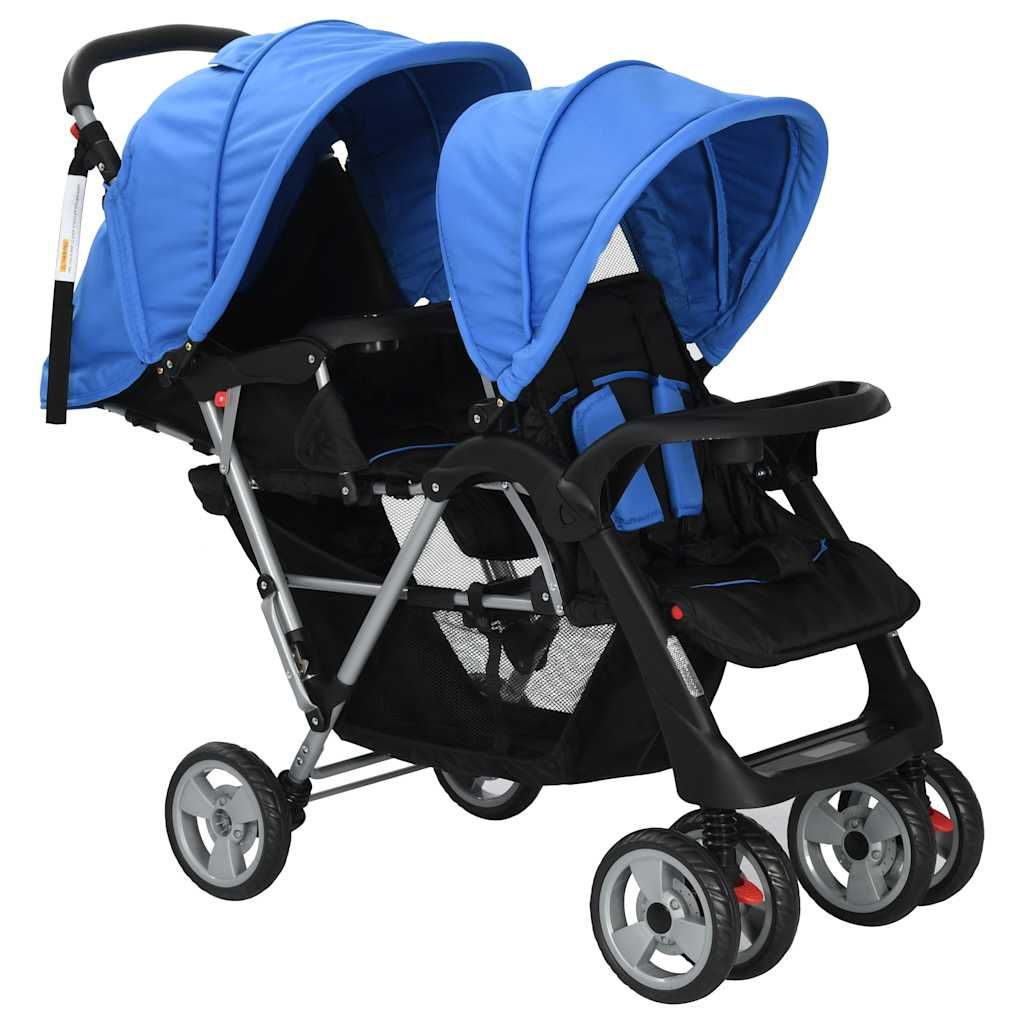 Passeggino Gemellare a Tandem in Acciaio Blu e Nero vidaXL