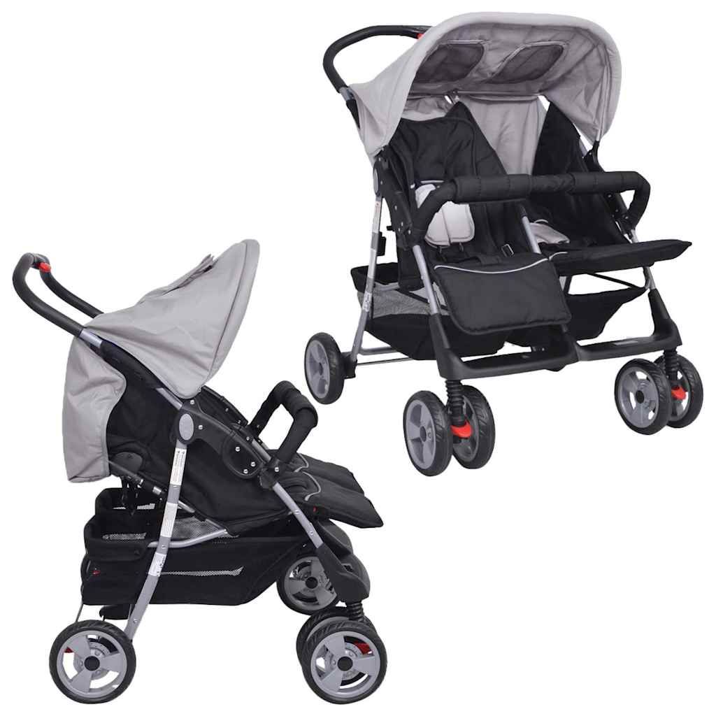 Passeggino Gemellare in Acciaio Grigio e Nero vidaXL