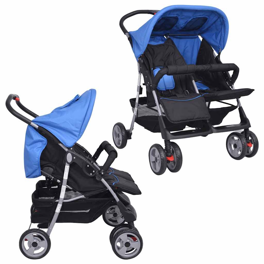 Passeggino Gemellare in Acciaio Blu e Nero vidaXL