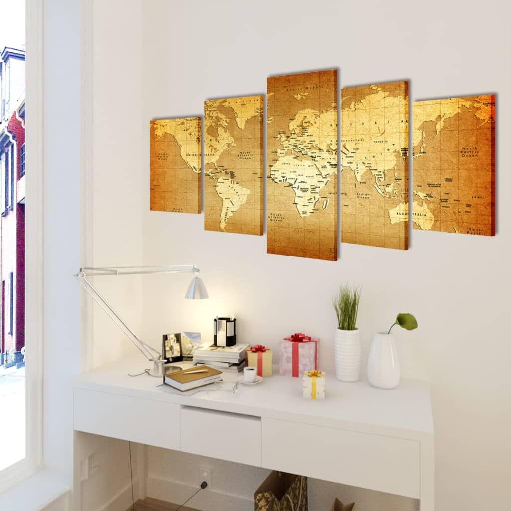 Set Stampa su Tela da Muro 5 pz Mappa del Mondo 100 x 50 cm vidaXL