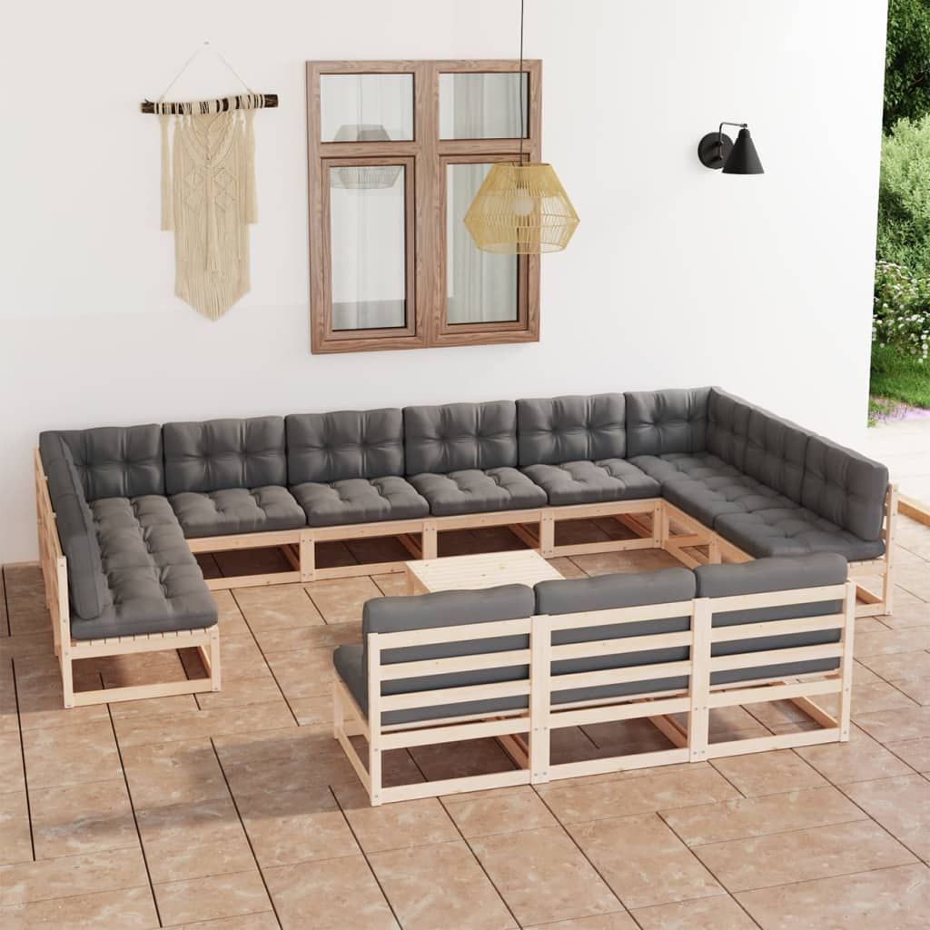 Set Divani Giardino 14 pz con Cuscini in Legno Massello di Pino vidaXL