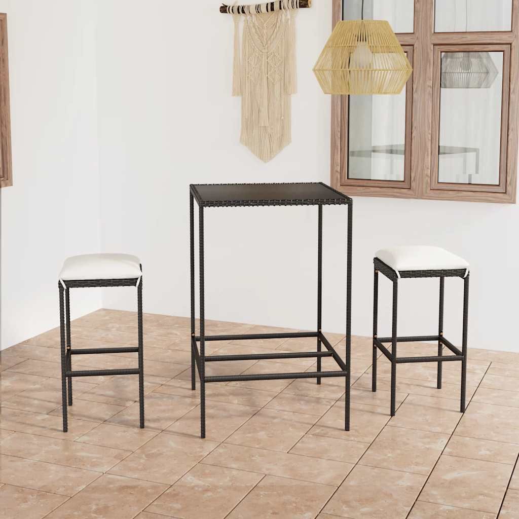 Set Bar da Giardino 3 pz con Cuscini Polyrattan Nero vidaXL