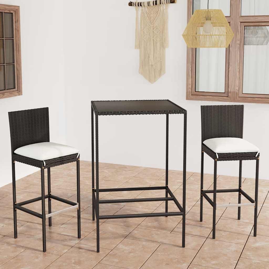 Set Bar da Giardino 3 pz con Cuscini in Polyrattan Nero vidaXL