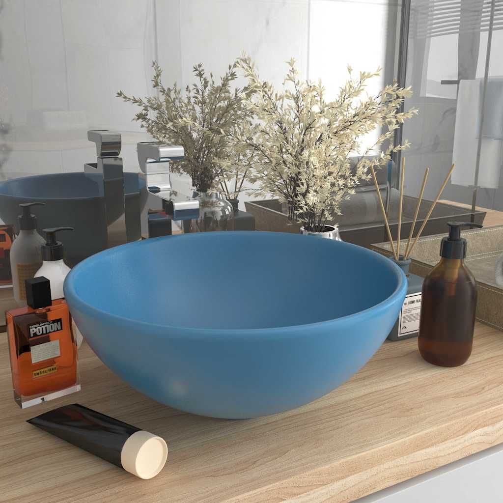 Lavandino Lusso Rotondo Azzurro Opaco 32,5x14 cm in Ceramica vidaXL
