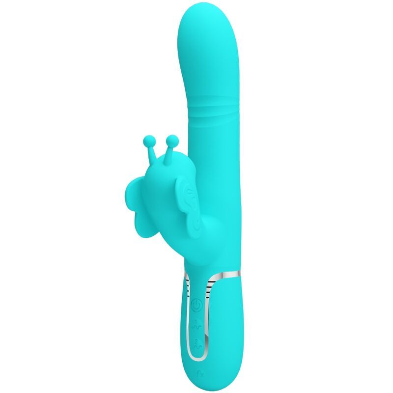 PRETTY LOVE - VIBRATORE MULTIFUNZIONE RABBIT 4 IN 1 FARFALLA VERDE ACQUA HIGH TECH