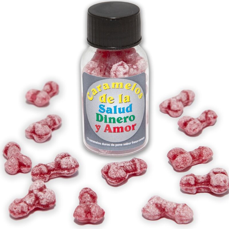 DIABLO PICANTE - 12 CARAMELLE SALUTE-SOLDI-AMORE A FORMA DI PENE FRAGOLA/CILIEGIA DIABLO PICANTE