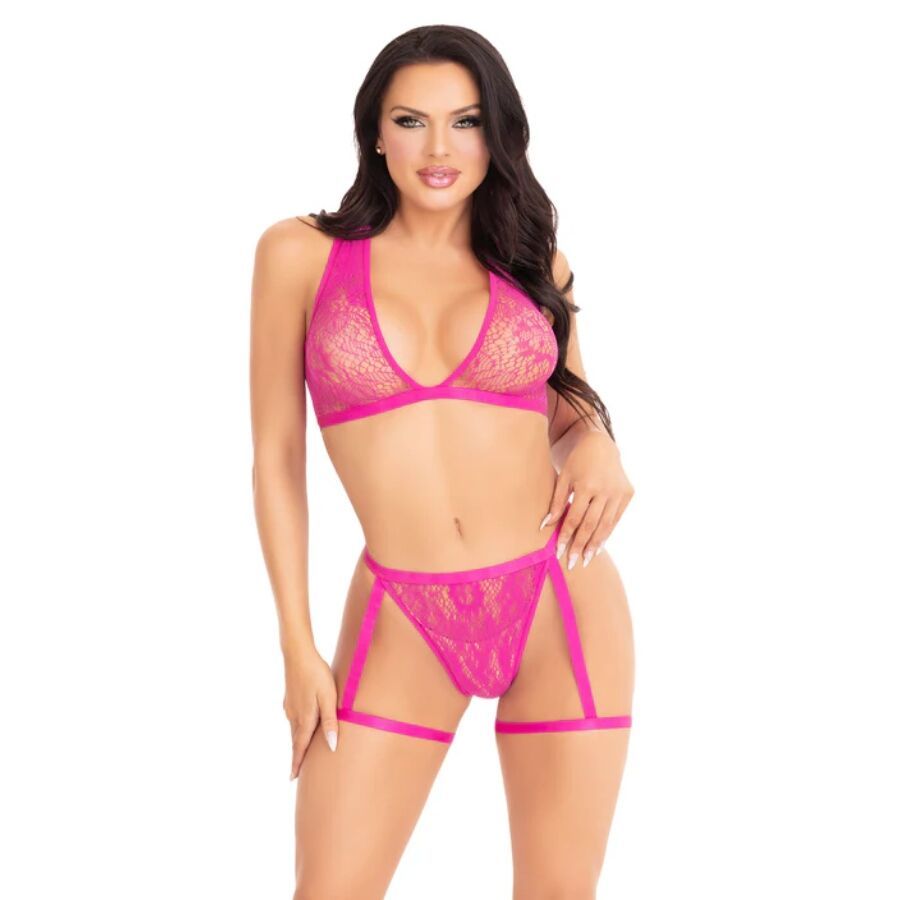 LEG AVENUE - 86148 REGGISENO E SLIP IN PIZZO CON GIARRETTIERE ROSA - TAGLIA UNICA LEG AVENUE SETS