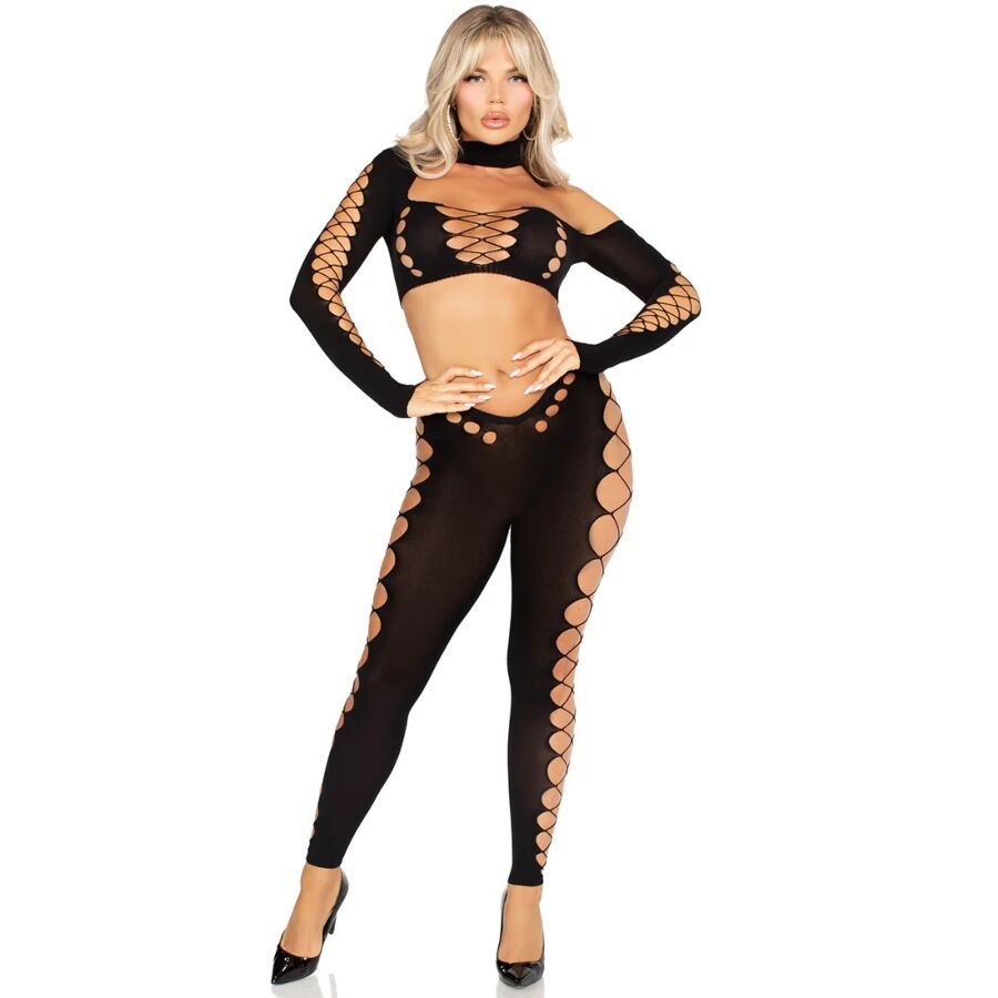 LEG AVENUE - TOP CORTO E LEGGINGS CUT-OUT SENZA CUCITURE NERO LEG AVENUE SETS